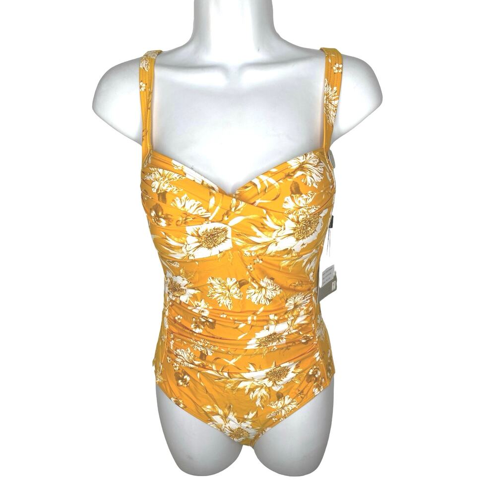 Niptuck Swim NWT Women's Orange Yellow One Piece Floral Swimsuit Ruched Size 6 *